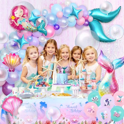 Winrayk Little Mermaid Party Decorations Birthday Supplies Girls, Pink Purple Balloon Arch kit, Backdrop, Tablecloth, Bobo & Tail Shell & Printed Balloons, Princess Theme Mermaid Birthday Decorations - Image 3