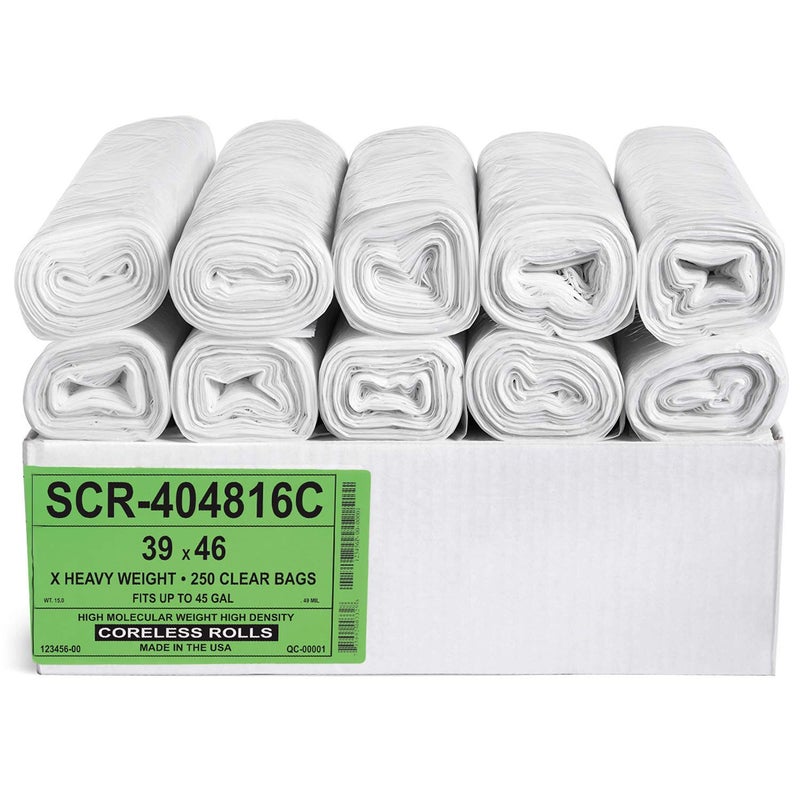 أكياس قمامة شفافة سعة 45 جالون من ألوف بلاستيك SCR404816C عدد 250 39 × 46 16 ميكرون مكافئ أكياس قمامة عالية الكثافة حافظة للقمامة للحمام والمكتب والصناعة والتجارة وإعادة التدوير