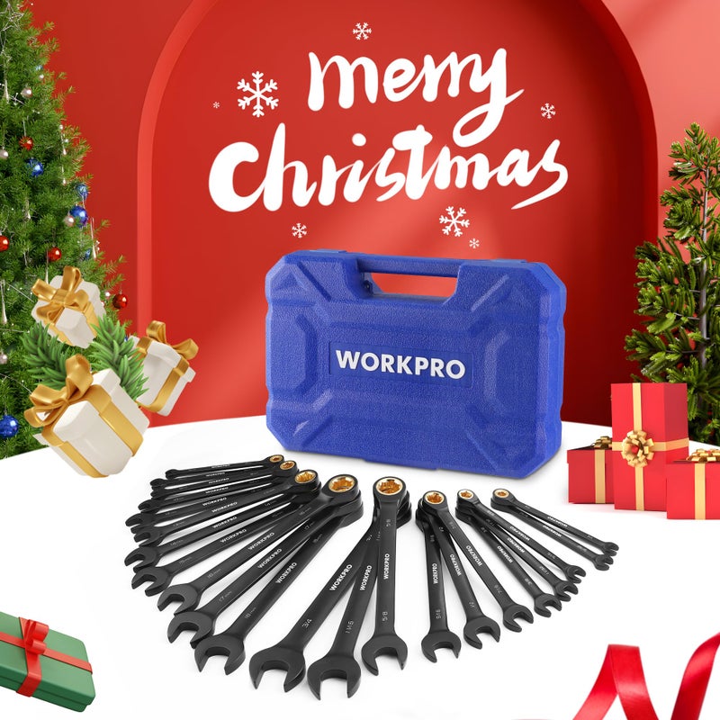 WORKPRO 22-Piece Ratcheting Wrench Set, Anti-slip Teeth, Ratchet Combination Wrench Sets with Organizer Box, Metric 6-18mm & SAE 1/4-3/4", Black Electrophoretic Coating - Image 2
