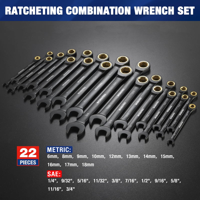 WORKPRO 22-Piece Ratcheting Wrench Set, Anti-slip Teeth, Ratchet Combination Wrench Sets with Organizer Box, Metric 6-18mm & SAE 1/4-3/4", Black Electrophoretic Coating - Image 3