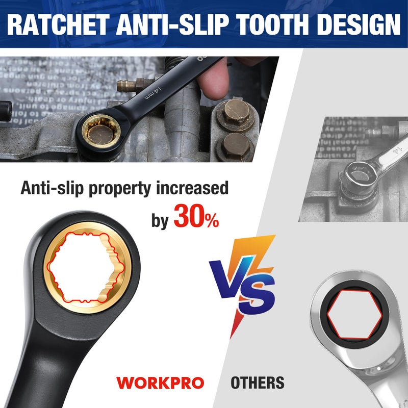 WORKPRO 22-Piece Ratcheting Wrench Set, Anti-slip Teeth, Ratchet Combination Wrench Sets with Organizer Box, Metric 6-18mm & SAE 1/4-3/4", Black Electrophoretic Coating - Image 4