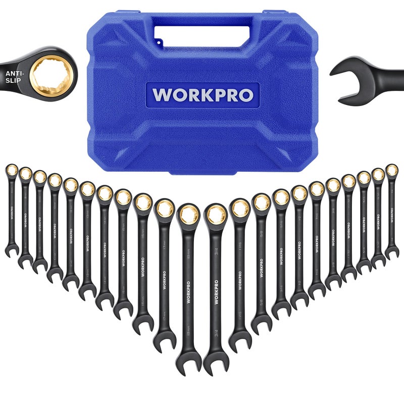 WORKPRO 22-Piece Ratcheting Wrench Set, Anti-slip Teeth, Ratchet Combination Wrench Sets with Organizer Box, Metric 6-18mm & SAE 1/4-3/4", Black Electrophoretic Coating - Image 1