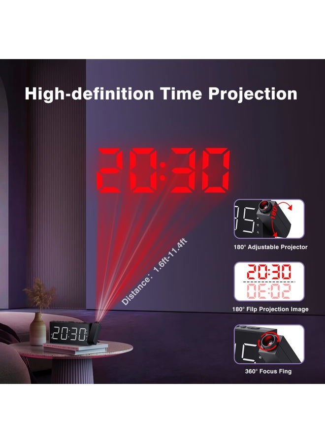 Mesqool Projection Alarm Clock for Bedroom - AM FM Radio & Sleep Timer, 180° Projector, 7" Large Digital LED Display&Dimmer, Dual Alarms, USB Charger, Battery Backup Desk Wall Ceiling Plug -in Clock - Image 5