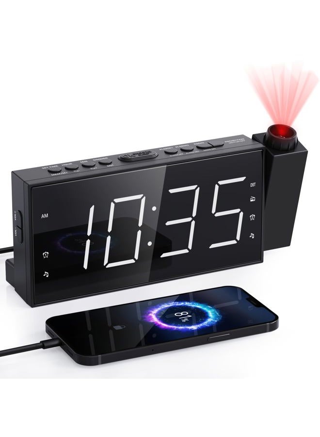 Mesqool Projection Alarm Clock for Bedroom - AM FM Radio & Sleep Timer, 180° Projector, 7" Large Digital LED Display&Dimmer, Dual Alarms, USB Charger, Battery Backup Desk Wall Ceiling Plug -in Clock - Image 1