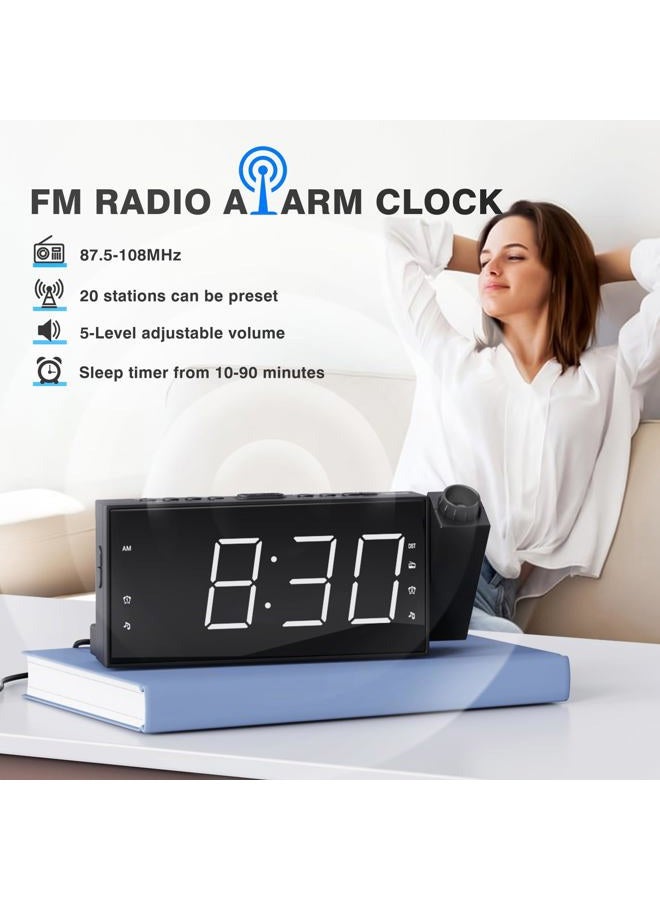 Mesqool Projection Alarm Clock for Bedroom - AM FM Radio & Sleep Timer, 180° Projector, 7" Large Digital LED Display&Dimmer, Dual Alarms, USB Charger, Battery Backup Desk Wall Ceiling Plug -in Clock - Image 2
