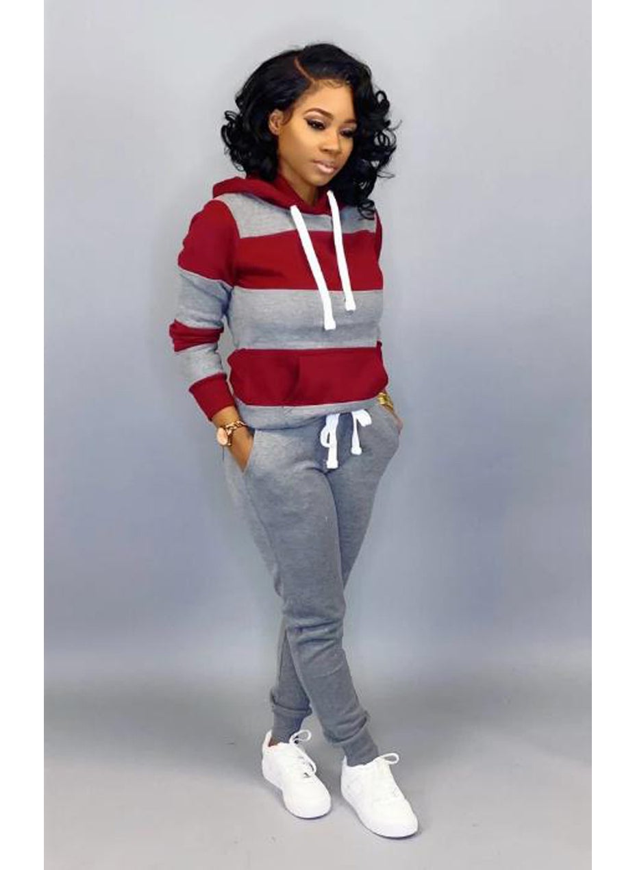 Generic Fashionable Womens Hoodie  Pants Set Gray + Rose Red 
