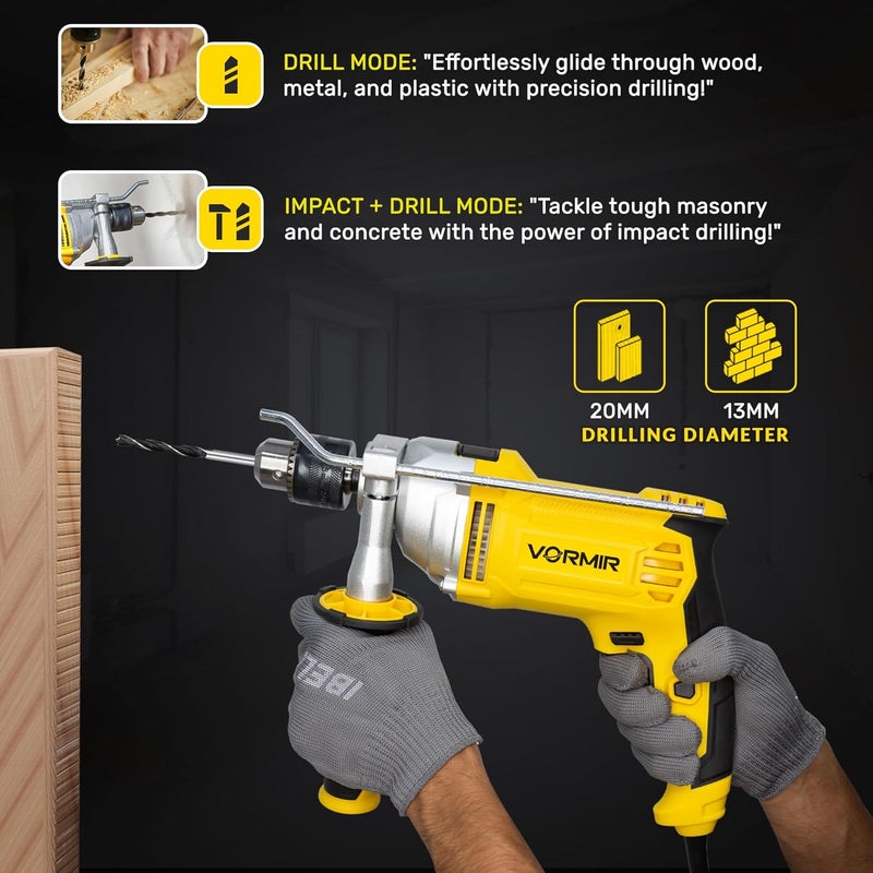 iBELL VORMIR VRID13-30 Impact Drill – 13mm Keyless Chuck, 1100W Electric Drill, 0-3000 RPM Variable Speed, Forward/Reverse, Hammer & Rotary Function, DIY Home & Professional Power Tool - Image 4