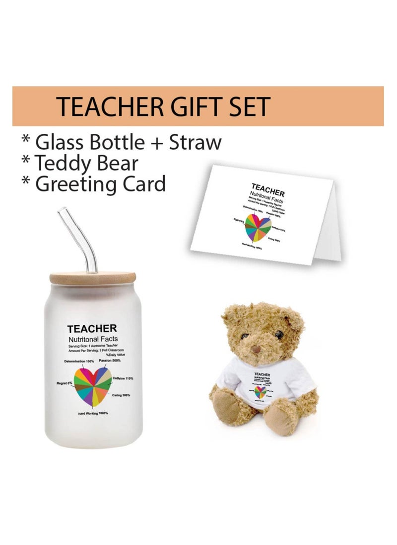 PRINTSHOP4ME - Teacher's Day Pack of 3 Combo Pack - Glass Bottle, Teddy Bear and Greeting Card - Reusable Bottle - Teacher's Day Gift Set - Gift for World Teachers Day - Image 1
