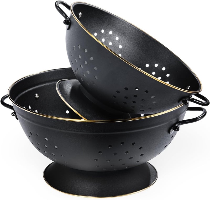 BeFare Metal Colander Set of 2, Strainer Basket with Handles perfect for Spaghetti, Pasta, Berry, Vegetable, Fruit, Solid Base Powder Coated Self-draining Kitchen Colander Bowel, 3.5 & 5 Qt, Matte Black - Image 1