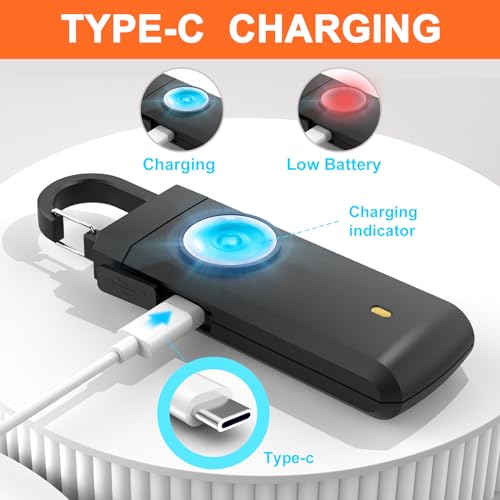 Gartmost Personal Safety Alarm, 130dB Rechargeable Self Defense Siren with LED Strobe Light, USB-C Emergency Keychain Alarm for Women Kids Elderly (Black) - Image 4