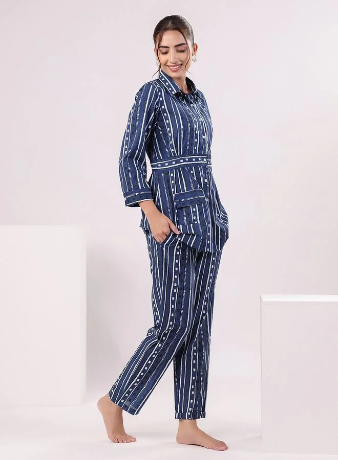sanskrutihomes sanskrutihomes Striped Cotton Shirt and Pyjama Set with Pocket Detail