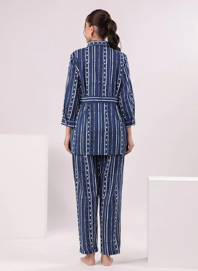 sanskrutihomes sanskrutihomes Striped Cotton Shirt and Pyjama Set with Pocket Detail