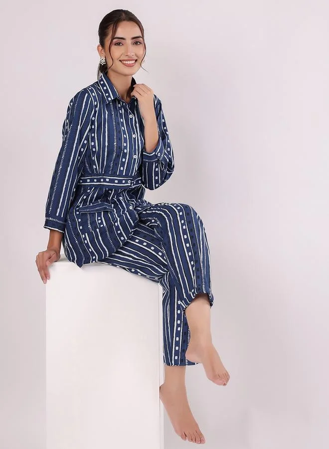 sanskrutihomes sanskrutihomes Striped Cotton Shirt and Pyjama Set with Pocket Detail