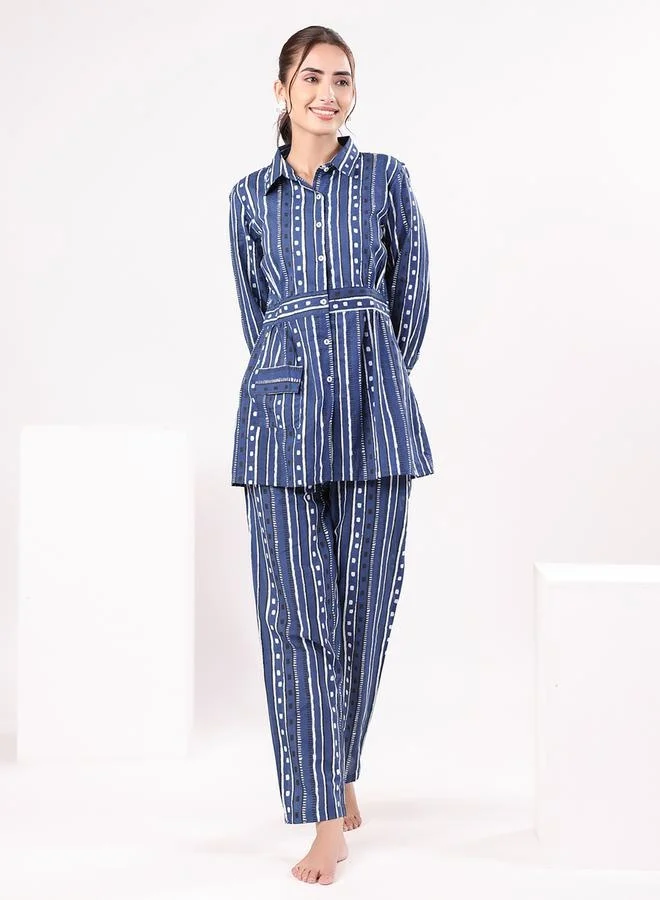 sanskrutihomes sanskrutihomes Striped Cotton Shirt and Pyjama Set with Pocket Detail