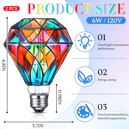 Baquler 2 Pcs Stained Glass LED Light Bulb E26 Base A60 Colorful Lightbulb 120V Flickering Lightbulb Bulbs for Christmas Xmas Home Balcony Garden Party Decoration(Diamond Shape, 6W) - Image 2