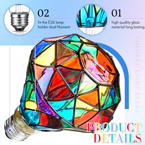 Baquler 2 Pcs Stained Glass LED Light Bulb E26 Base A60 Colorful Lightbulb 120V Flickering Lightbulb Bulbs for Christmas Xmas Home Balcony Garden Party Decoration(Diamond Shape, 6W) - Image 3