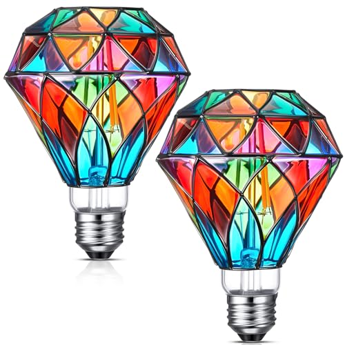 Baquler 2 Pcs Stained Glass LED Light Bulb E26 Base A60 Colorful Lightbulb 120V Flickering Lightbulb Bulbs for Christmas Xmas Home Balcony Garden Party Decoration(Diamond Shape, 6W) - Image 1