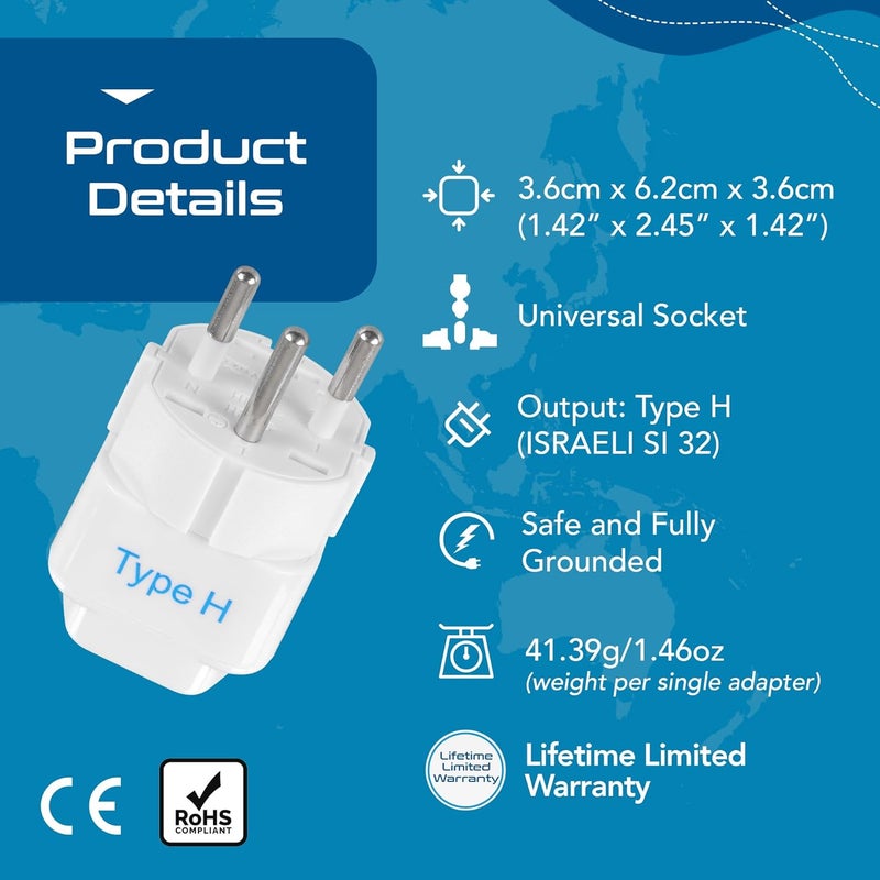 Ceptics Grounded Universal Plug Adapter for Israel (Type H) - 3 Pack - Image 4