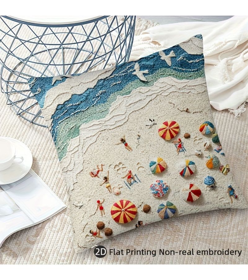18x18 Inch Vintage Beach Scene Pillow Cover 2D Printed Soft Plush Home Decor - Image 1