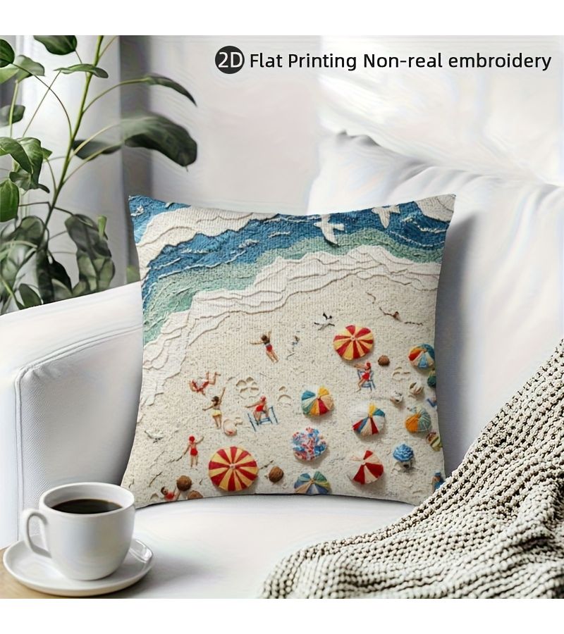 18x18 Inch Vintage Beach Scene Pillow Cover 2D Printed Soft Plush Home Decor - Image 2