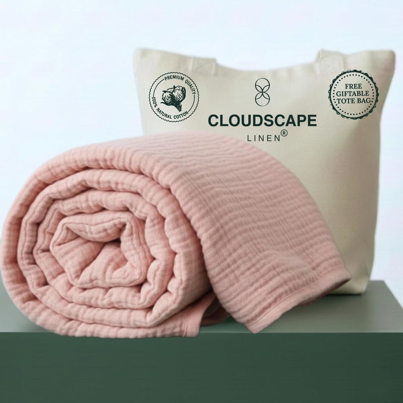 CLOUDSCAPE LINEN Luxury 100 Cotton Muslin Blanket King Size 4 Layer Oversized 92x108 Fit Upto CaLKing Bed Layering Winter Blankets for Bed Soft Cotton Gauze Quilt All Season Seashell Pink Bedding