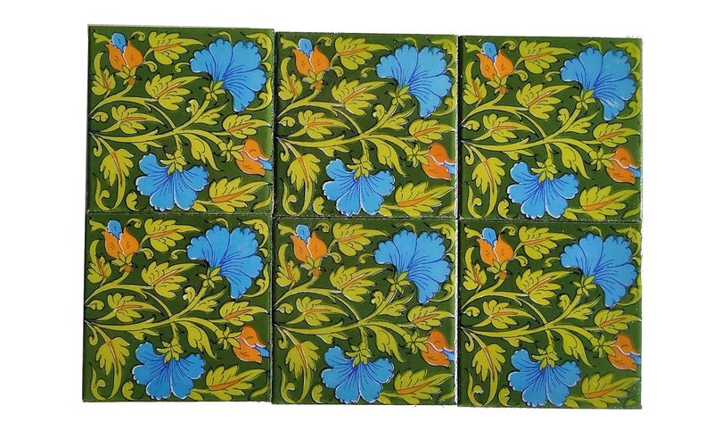 Shiv Kripa Blue Pottery Luxury Floral Decorative Crafted Tabletop Flooring Wall Interior Exterior Traditional 4 x 4 inch Tiles Pack of 6 Tiles Dark Green