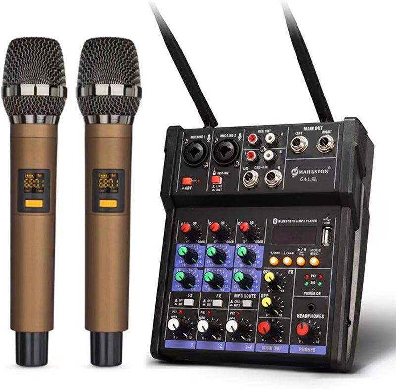 Professional Audio Mixer, 4 Channel Small Bluetooth Stereo Mixer with 2 Wireless Microphones Family Stereo Processor for Home Karaoke Party Computer Studio Recording - Image 1