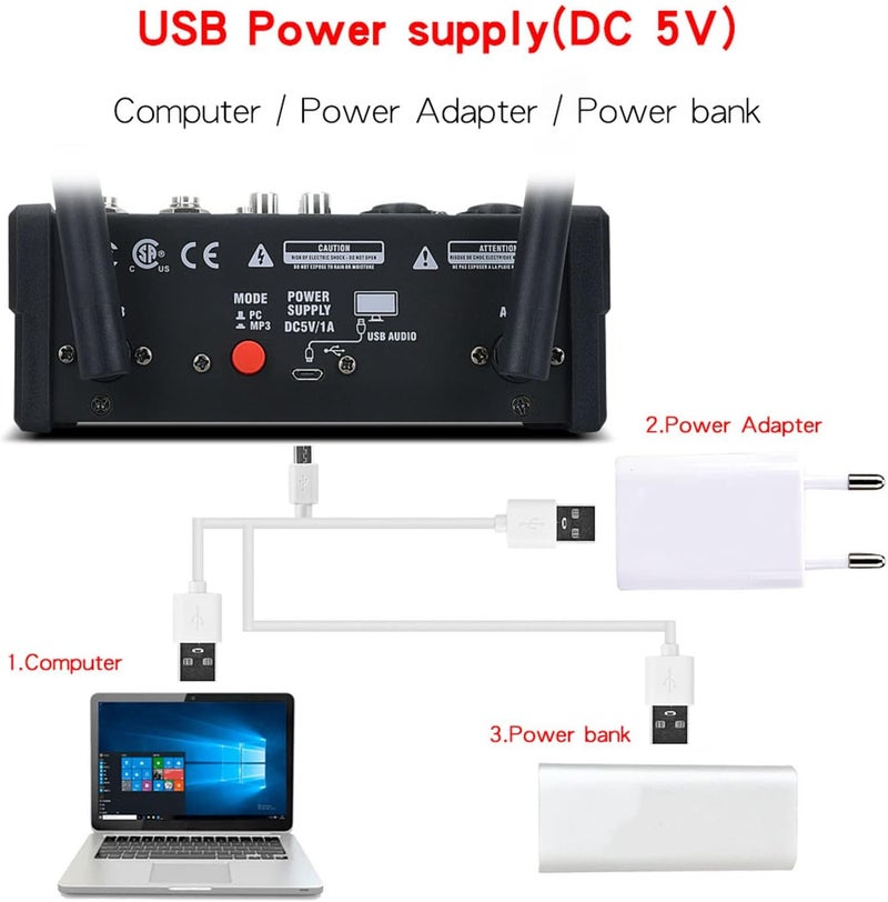 Professional Audio Mixer, 4 Channel Small Bluetooth Stereo Mixer with 2 Wireless Microphones Family Stereo Processor for Home Karaoke Party Computer Studio Recording - Image 4