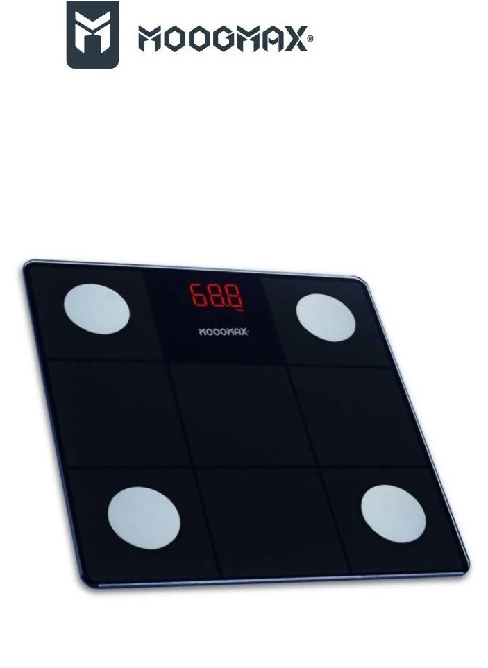 MOOGMAX Moogmax Smart Body Fat scales body weight. Smart body scale with a smart display. Electronic weight machine with a capacity of up to 150 kg. Weight scale with a dedicated mobile app for tracking. Smart scale for measuring muscle, fat, bone, and protein. Digital weighing scale for tabular tracking - black.  - Image 2