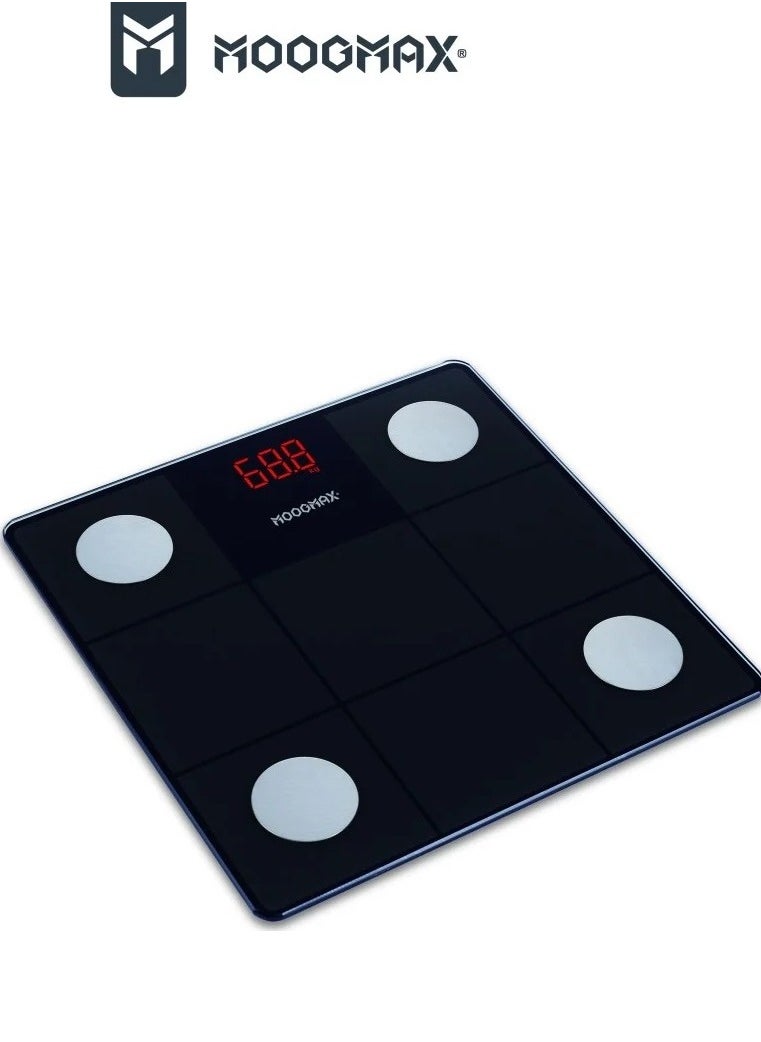 MOOGMAX Moogmax Smart Body Fat scales body weight. Smart body scale with a smart display. Electronic weight machine with a capacity of up to 150 kg. Weight scale with a dedicated mobile app for tracking. Smart scale for measuring muscle, fat, bone, and protein. Digital weighing scale for tabular tracking - black.  - Image 1