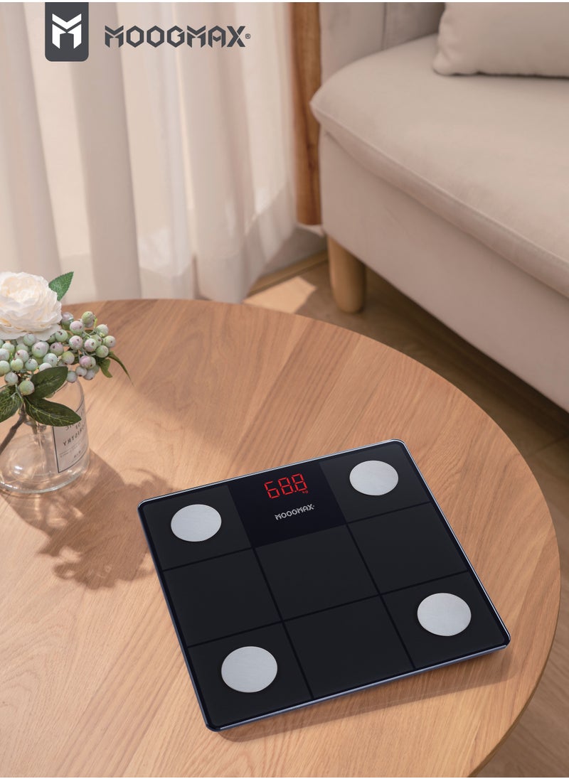 MOOGMAX Moogmax Smart Body Fat scales body weight. Smart body scale with a smart display. Electronic weight machine with a capacity of up to 150 kg. Weight scale with a dedicated mobile app for tracking. Smart scale for measuring muscle, fat, bone, and protein. Digital weighing scale for tabular tracking - black.  - Image 3