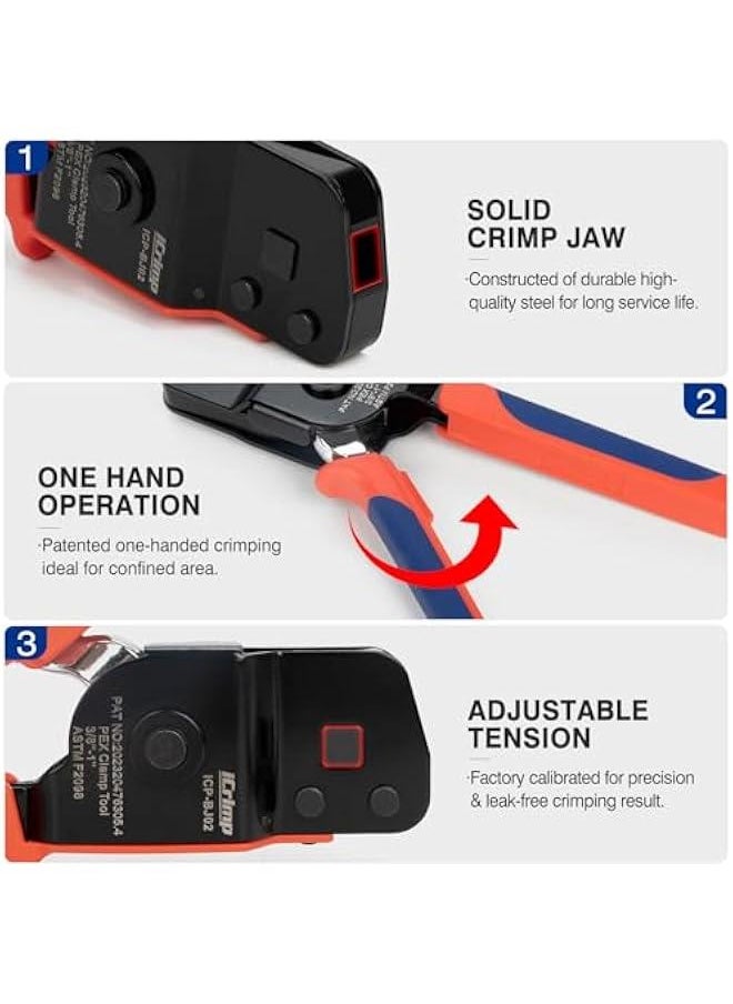 iCrimp ICP-BJ02 PEX Clamp Cinch Tool, One Handed Crimping Tool for Pinching 3/8-in, 1/2-in, 3/4-in, 1-in Rings, Patented