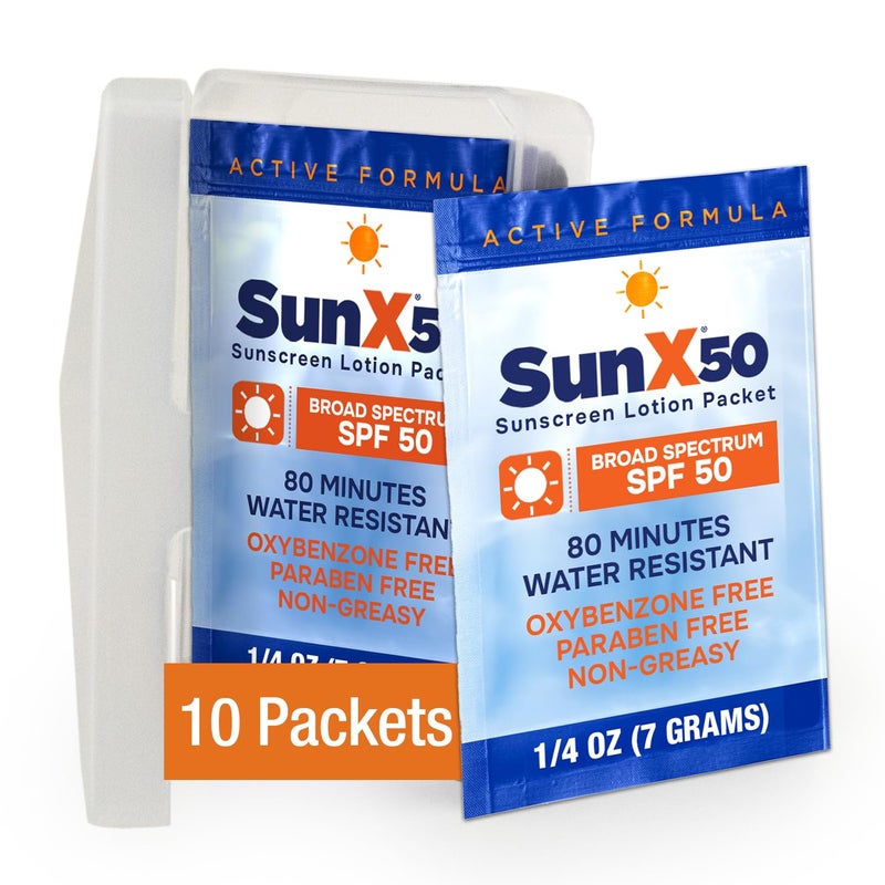 CoreTex Sun X 50 SPF Broad Spectrum Sunscreen Packets w/Carrying Case - Pack of 10 Paraben, Oxybenzone, Octinoxate, & Oil Free Sunscreen - No White Cast and Water & Sweat Resistant Up to 80 Minutes