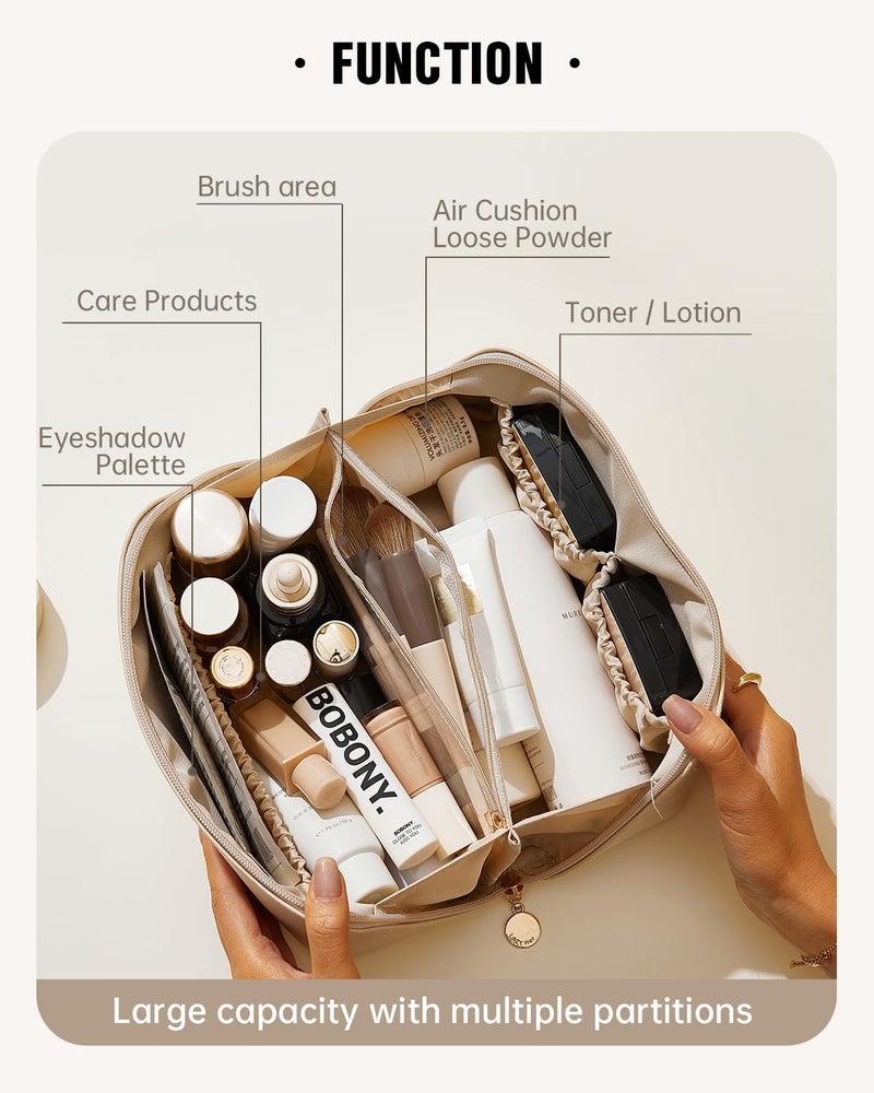 EACHY Large Capacity Travel Cosmetic Bags for Women, Waterproof Makeup Bag for Easy Access, Multifunctional Storage Toiletry Bag with Handle and Divider, White, Rustic - Image 2