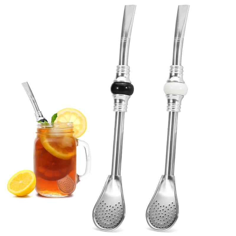 SNOMEL 2 Pcs Stainless Steel Yerba Mate Straw Reusable Bombilla Mate Spoon Straws 74 Inch Long Tea Coffee Filter Straw for Loose Tea Cocktail Black White Bead