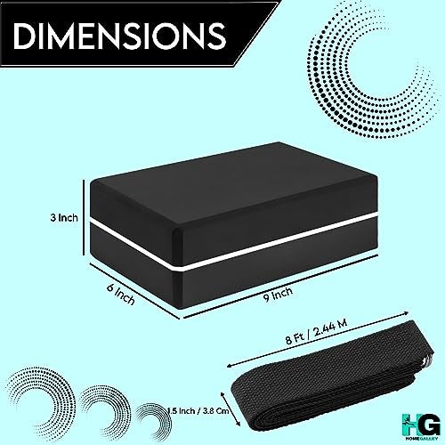 HOMEGALLEY Yoga Blocks Pack of 2 with Belt for Exercise High Density Eva Exercise Block Pair to Improve Strength, Balance, Stretching Yoga Bricks Set with Strap for Women and Men, Black - Image 3