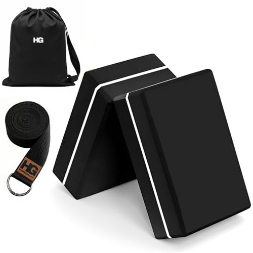 HOMEGALLEY Yoga Blocks Pack of 2 with Belt for Exercise High Density Eva Exercise Block Pair to Improve Strength, Balance, Stretching Yoga Bricks Set with Strap for Women and Men, Black - Image 1