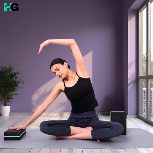 HOMEGALLEY Yoga Blocks Pack of 2 with Belt for Exercise High Density Eva Exercise Block Pair to Improve Strength, Balance, Stretching Yoga Bricks Set with Strap for Women and Men, Black - Image 2