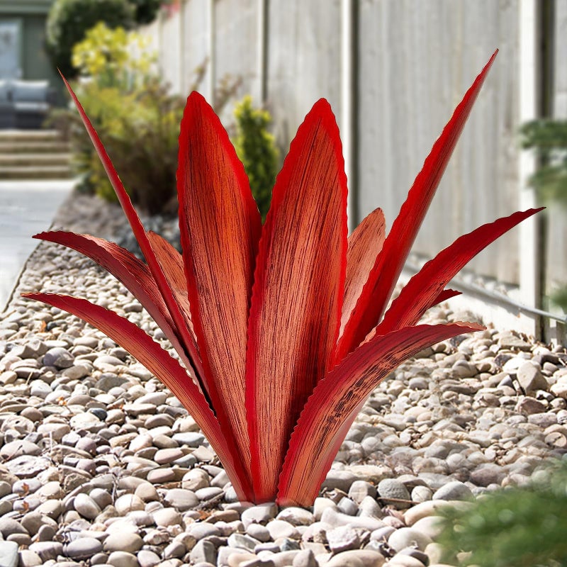 TOMBABY Enlarge Thickened Wind Resistant Metal Agave Garden Art Metal Plant Country Garden Sculpture Statue Outdoor Decoration Agave Metal Plant Courtyard Garden Lawn Ornament Gift (1, 12 Leaves red) - Image 1