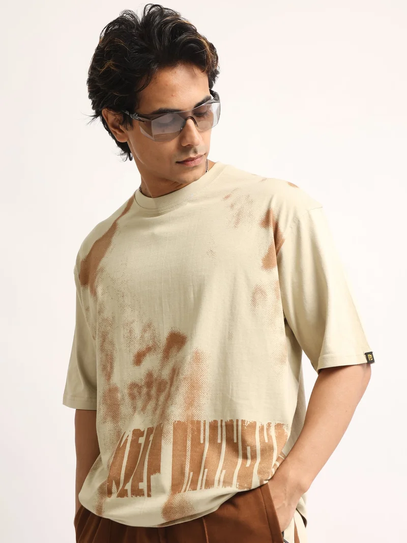 مانياك Maniac Mens AOP Printed Round Neck Half Sleeve Cream and Green Cotton Tshirt