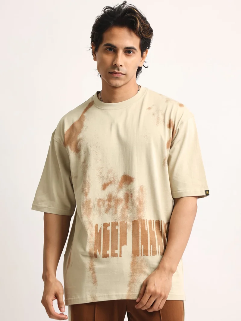 Maniac  Maniac Mens AOP Printed Round Neck Half Sleeve Cream and Green Cotton Tshirt for Men | Best Price UAE