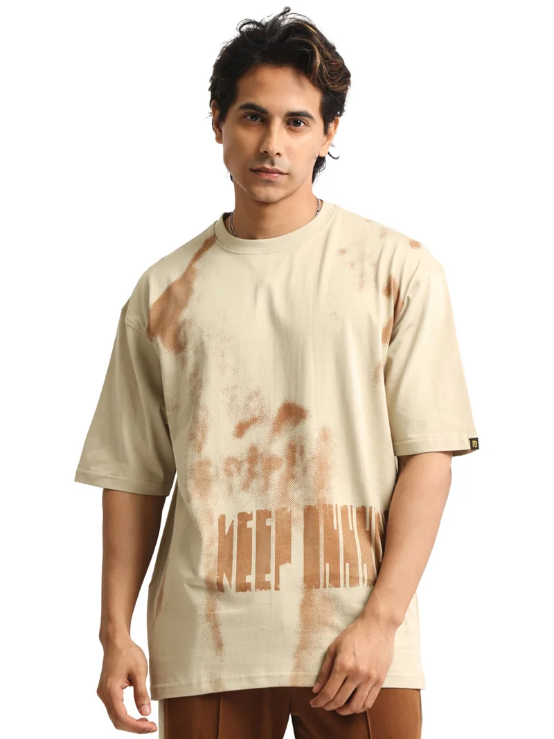 مانياك Maniac Mens AOP Printed Round Neck Half Sleeve Cream and Green Cotton Tshirt