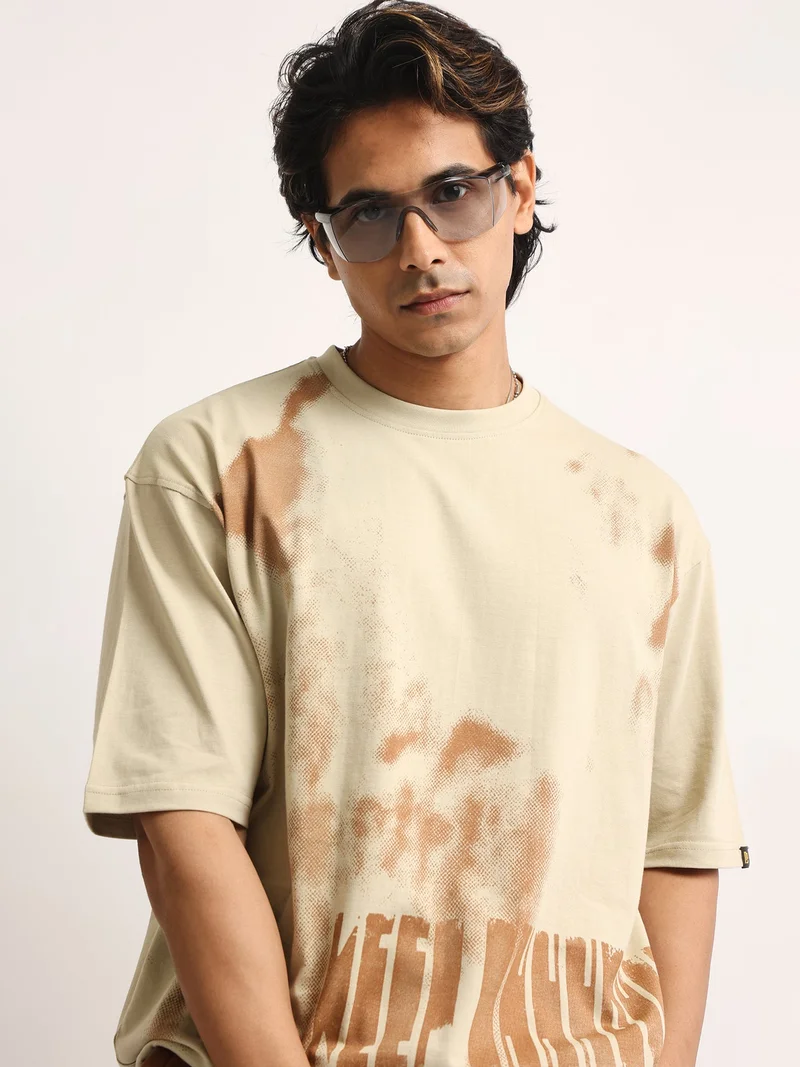 Maniac  Maniac Mens AOP Printed Round Neck Half Sleeve Cream and Green Cotton Tshirt for Men | Best Price UAE