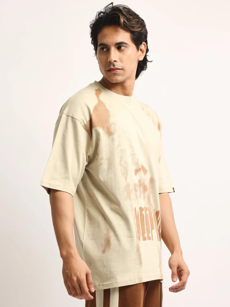 Maniac  Maniac Mens AOP Printed Round Neck Half Sleeve Cream and Green Cotton Tshirt for Men | Best Price UAE