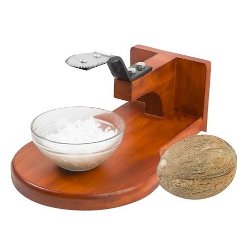 Bmado Premium Wooden Coconut Scraper | Tabletop Thengai Thuruvi Chirava Grater with Stable Round Base | Polished Wood Body & Sharp Stainless-Steel Blade | Handy Kitchen Tool for Daily Use - Image 1