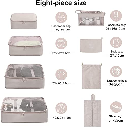 Oceanevo 8 Pcs Packing Cubes for Travel, Travel Organizer Bags for Luggage, Suitcase with Toiletry Pouch and Shoe Bag - Set of 8 - Beige - Image 2