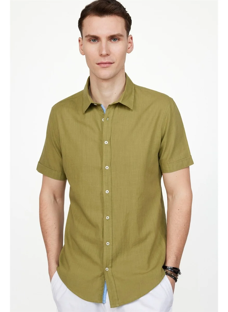 تودورس Slim Fit Short Sleeve Pocketed Flam Cotton Khaki Shirt