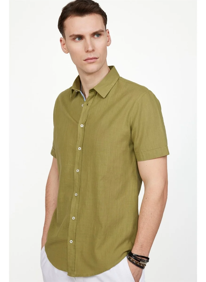 تودورس Slim Fit Short Sleeve Pocketed Flam Cotton Khaki Shirt