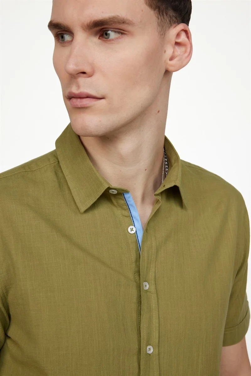Tudors Slim Fit Short Sleeve Pocketed Flam Cotton Khaki Shirt