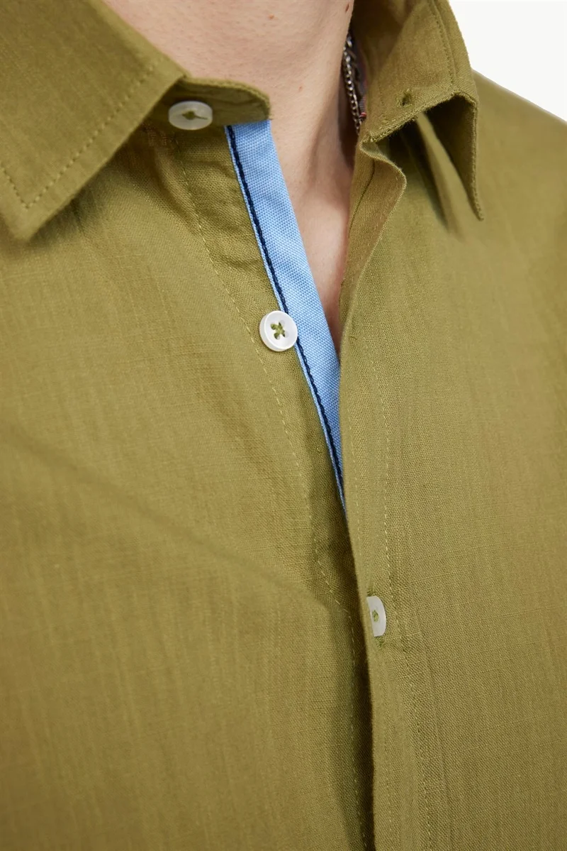 Tudors Slim Fit Short Sleeve Pocketed Flam Cotton Khaki Shirt